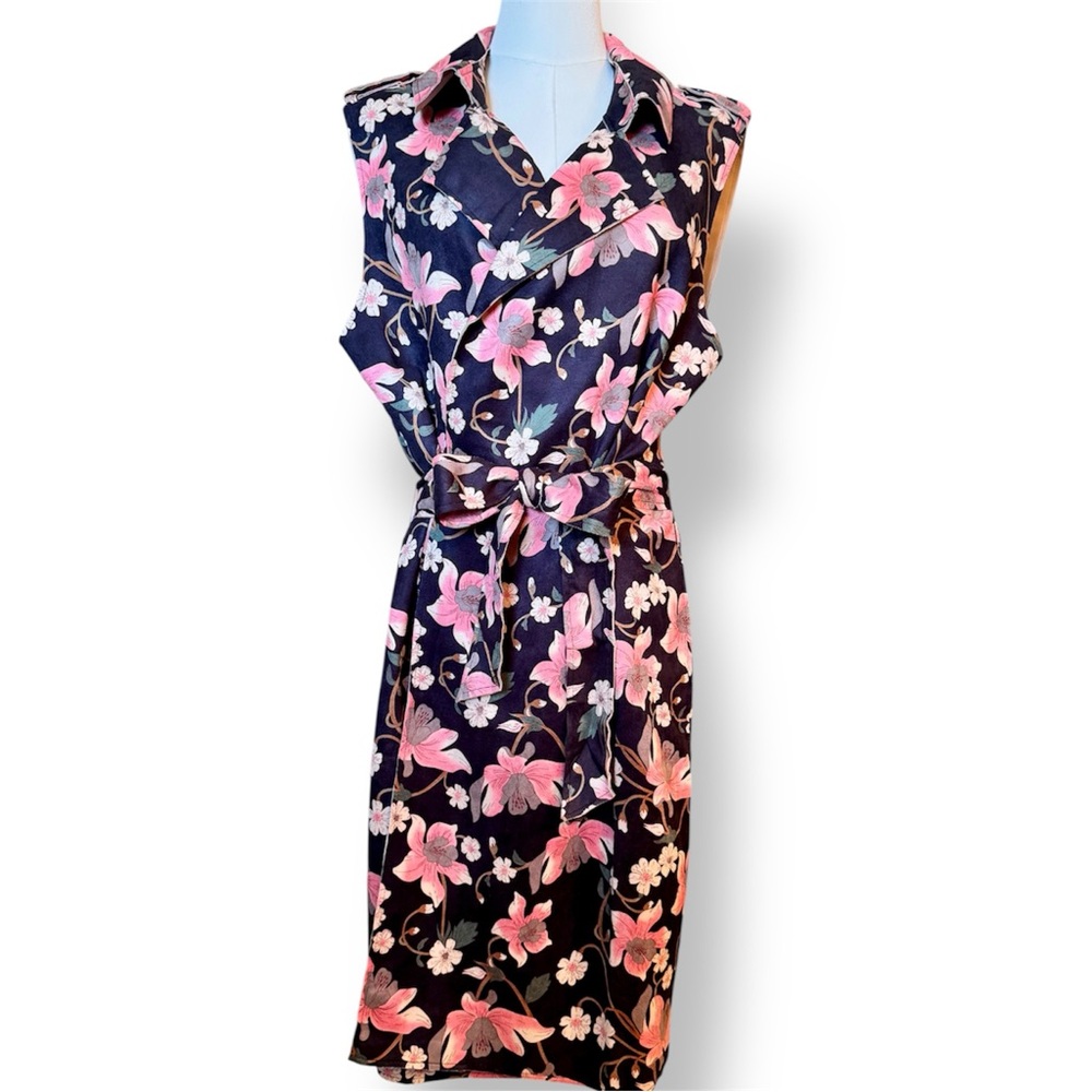 KATE & MALLORY Faux Suede Sleeveless Floral Midi Wrap Dress Pink Dark Navy Blue - Picture 2 of 16